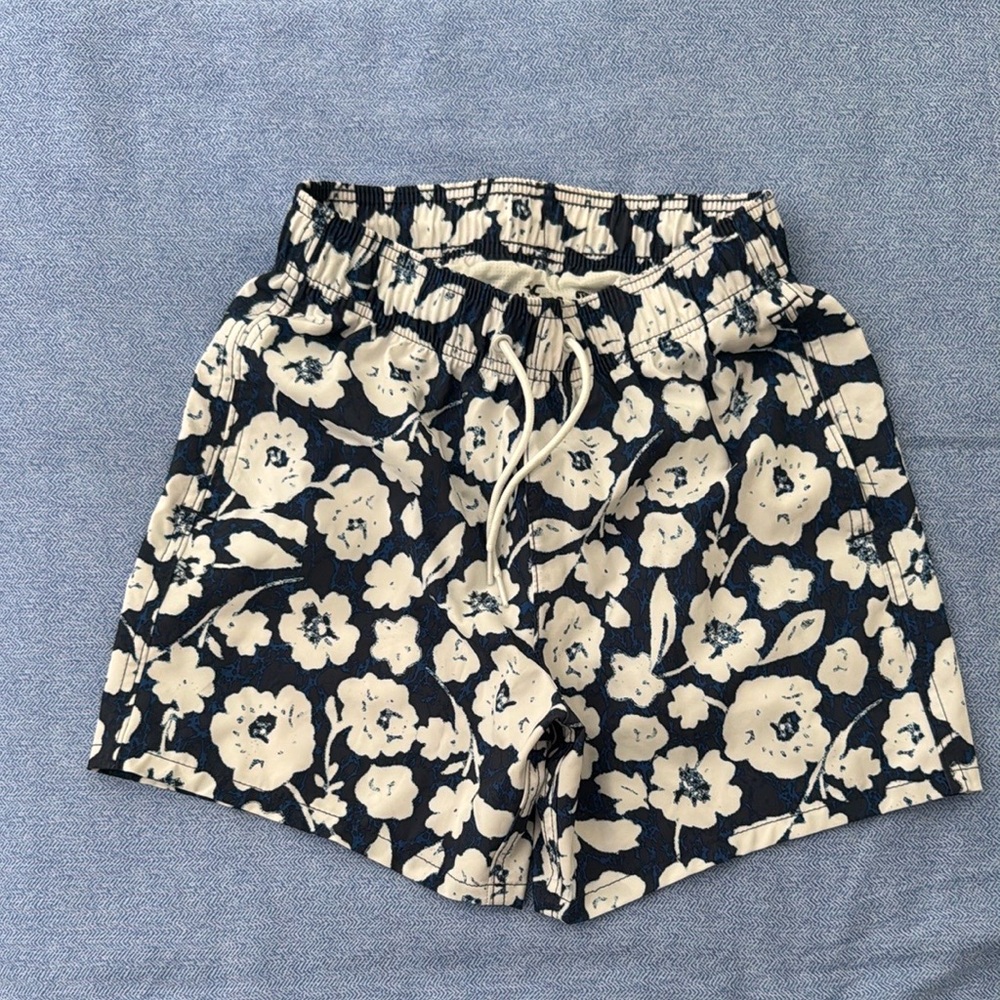 Hollister Black and Cream Floral Swim Trunks